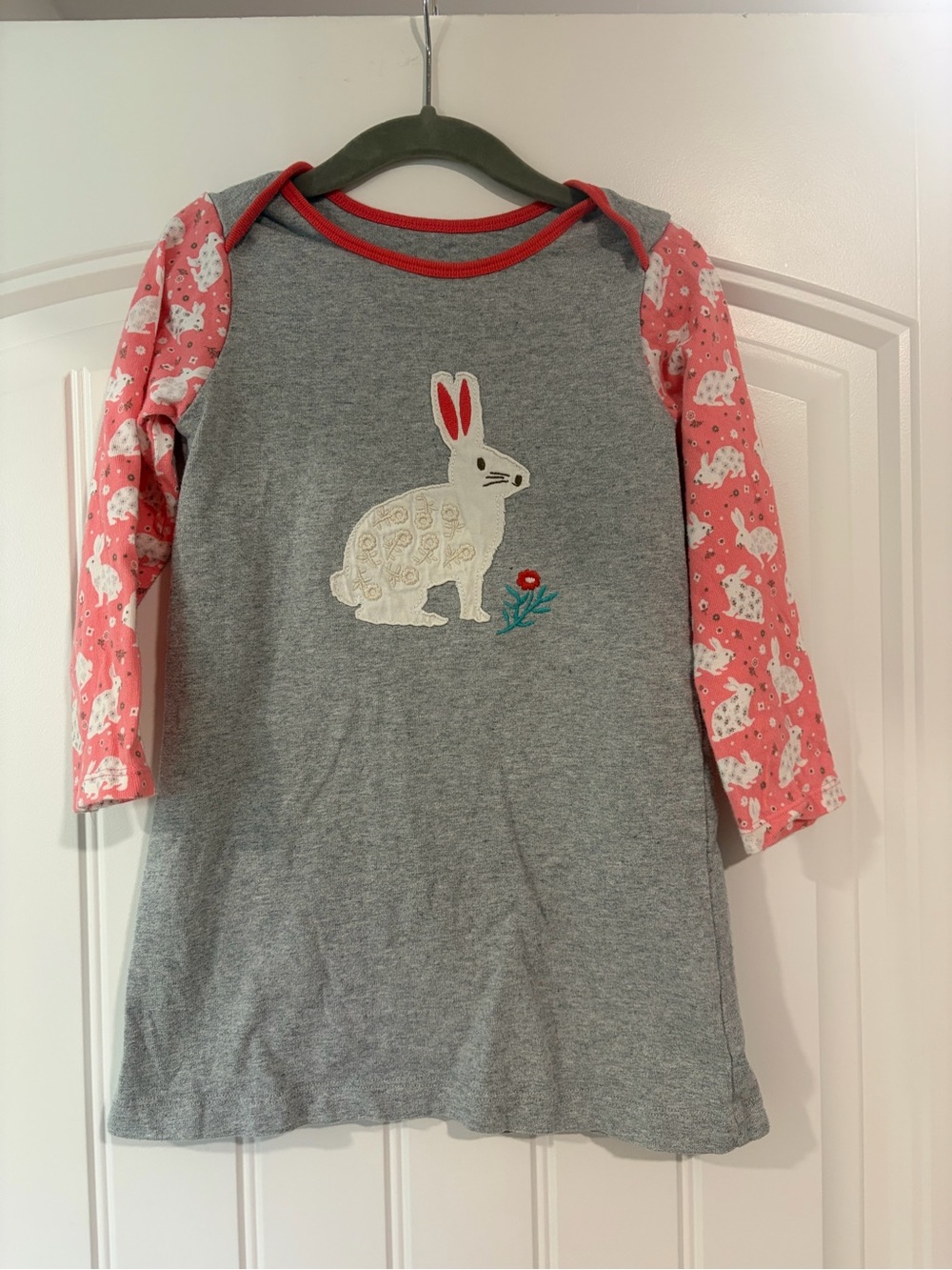 Baby Boden Gray Dress with Pink Bunny-Print Long Sleeves and Appliqué